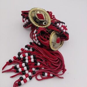 Western Concho Pony Bead Leather Tie Belt Boho Red Black Gold Tone Festival L
